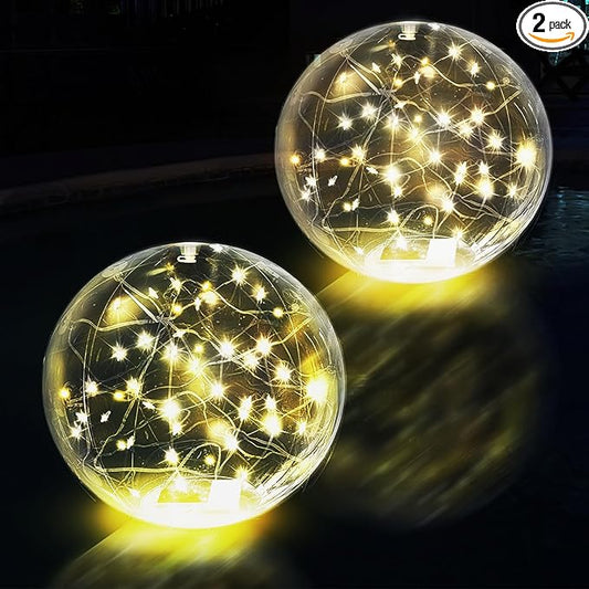 Solar Powered Floating Pool Lights - 14" Inflatable Waterproof Floating Light UP Pool Glow Balls, 3000K Warm-White Led Pool Lights That Float for Party Decorations, Outdoor Patio Detor (2)