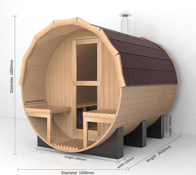Outdoor Barrel Sauna with Porch, Wood Burning Stove Sauna 4 Person, Canadian Hemlock, Chimney Kit, Triple Waterproof System, Double Reinforcement(0-195℉)