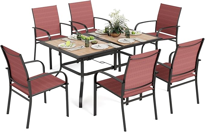 7 Pieces Patio Table and Chairs Set, Outdoor Dining Furniture Set for 6, 6 Red Textilene Chairs and 61" Wood-Like Table Top with Umbrella Hole, for Deck Backyard Lawn