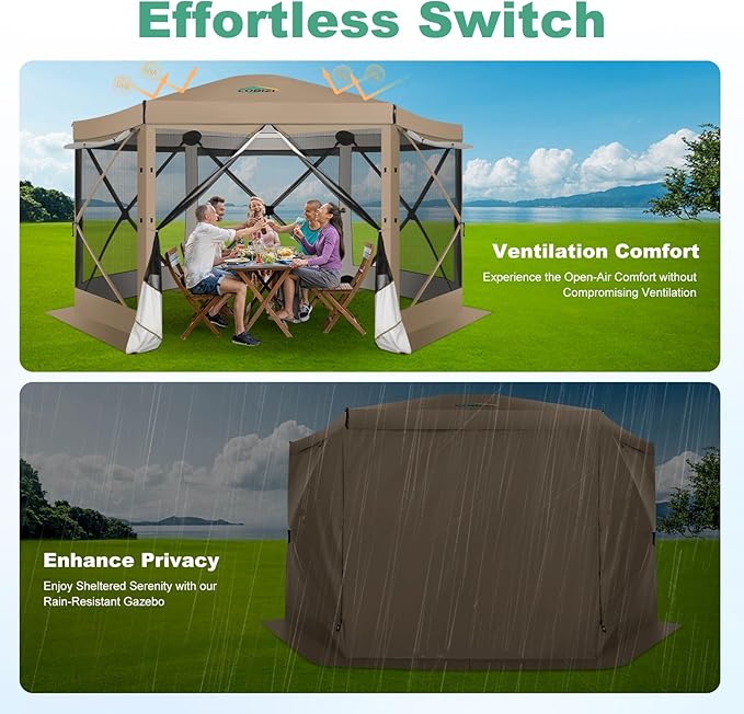 COBIZI 12x12 pop up Gazebo on Clearance Screen Tent for Camping, Scalable Sesign Outdoor Canopy Tent with Extension Support Poles & sidewalls,with Portable Carrying Bag and Ground Stakes,Khaki