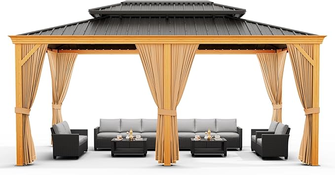 20'x12' Hardtop Gazebo, Heavy Duty Aluminum Permanent Hardtop Gazebo Outdoor Pavilion with Curtains and Netting for Garden (Gray, 20'x12')