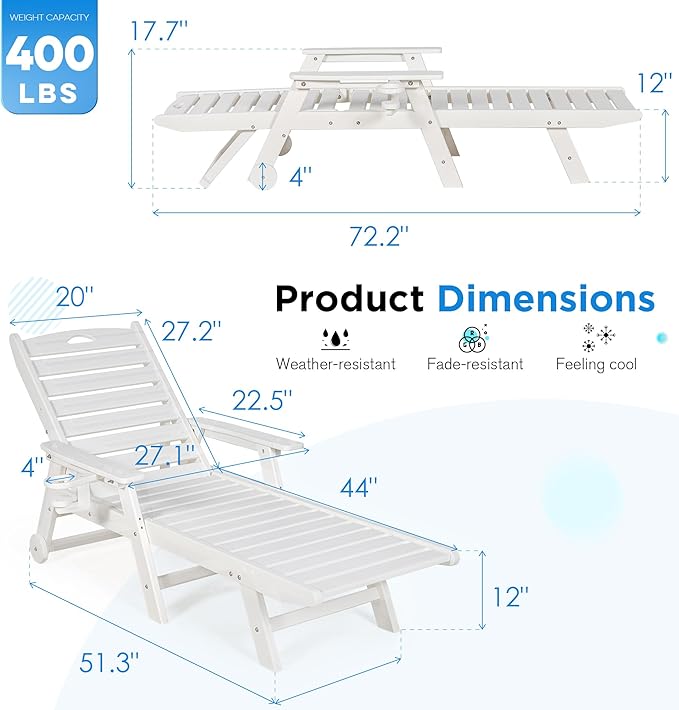 nalone Outdoor Chaise Lounge Chair Set of 2 with Wheels & Cup Holder, HDPE Pool Lounge Chairs with 5-Position Adjustable Backrest Supports Up to 400 LBS for Patio Poolside Deck Beach Backyard (White)