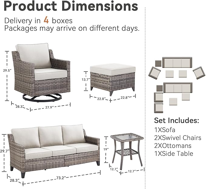 Patio Furniture Set, 6 Pieces Outdoor Wicker Rattan Sofa Couch with Swivel Rocking Chair, Side Table, Ottoman and Comfy Cushions, All Weather Patio Conversation Sets, Suit for Porch