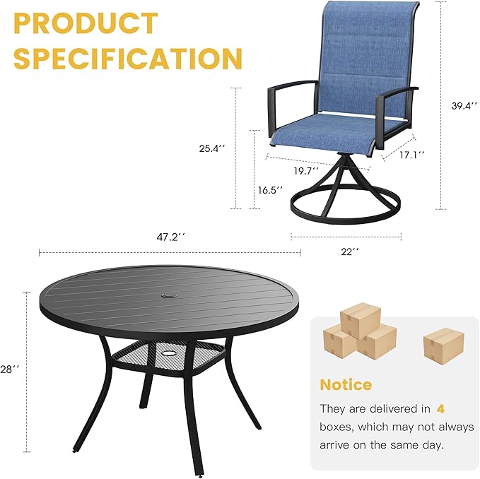 VICLLAX 7 Pieces Patio Dining Set for 6, All Weather Outdoor Furniture - 47.2" Round Patio Table and Swivel Padded Chairs, Black Tabletop and Blue Fabric