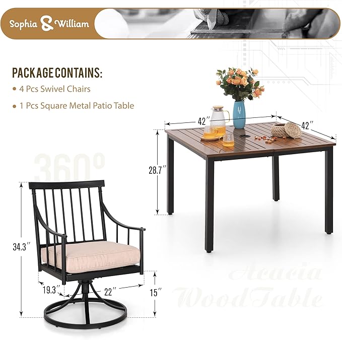 Sophia & William 5 Pcs Patio Furniture Outdoor Dining Set, 42" Square Metal Patio Table and Swivel Chairs with Cushions, Adjustable Umbrella Hole, Conversation Bistro Set for Garden,Yard,Deck
