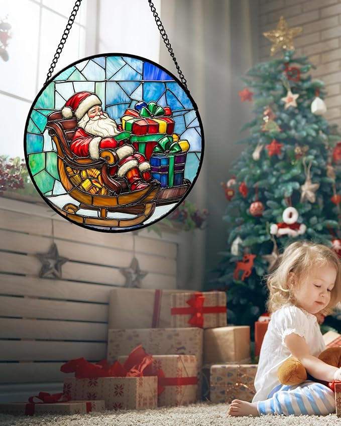 Stained Glass Window Hanging - Santa Claus Gift BoxSuncatcher for Doors Home Christmas Decoration Winter Sun Catcher Thanksgiving New Year Birthday Gift for Women Men Mom Nana 7.8 in