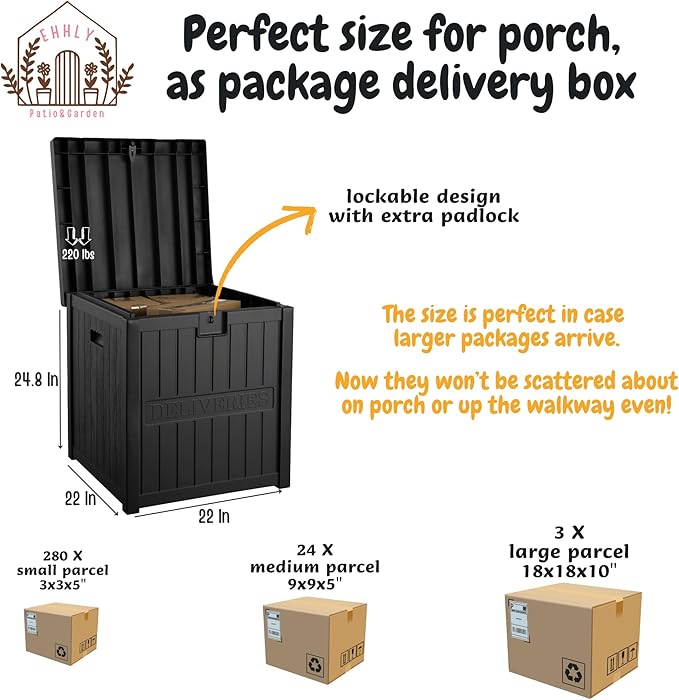 51 Gallon Resin Delivery Box for Outside, Lockable Secure Package Bin for Front Porch, Large Deck Boxes Outdoor Waterproof, Delivery Driver Snack Box for Porch, Black