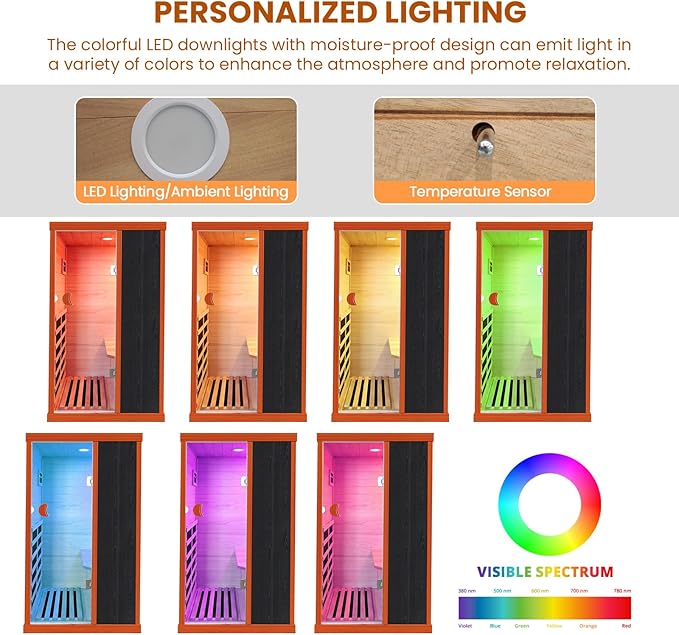 Sauna, Far Infrared Saunas for Home Room 800W/110V Indoor Sauna for Single Person Okoume Wood Sauna with 1 Person Low EMF Dry Sauna with Speakers/Air Hole and LED Color Light - 28.8 * 35.3 * 61.5 in