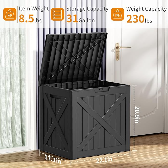 DRATO 32 Gallon Deck Box X pattern, Outdoor Storage Box for Patio Cushion, Garden Tools,Waterproof Patio Storage box, Lockable