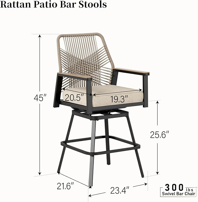 Outdoor Swivel Bar Stools Set of 4, Rattan High Top Patio Chairs with Waterproof Cushion and Armrest, All-Weather Bar Height Furniture for Outside Patio Balcony and Pool, Beige