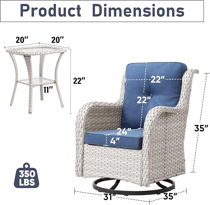 Luxury Wicker Swivel Patio Chairs Set of 3, Outdoor Swivel Rocking Chairs with Side Table, Outdoor Bistro Set for Patio, Porch, Yard, Deck, Poolside, Light Beige/Blue