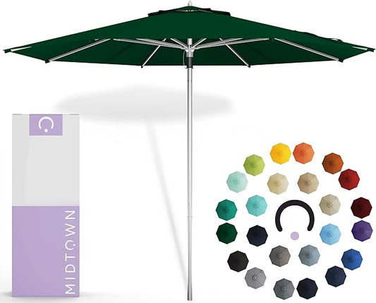 Midtown Umbrellas Push Pop Sunbrella Umbrella 10 Feet Large Outdoor Umbrella With Forrest Green Acrylic Fabric - Deck Patio Umbrella, Backyard Umbrella, Garden Umbrella & Pool Umbrella - Black Pole