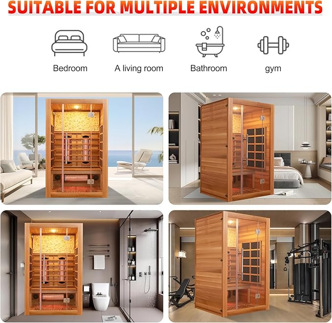 2 Person Infrared Sauna Room with Red Light Therapy, Wood Indoor Saunas Spa with WiFi Control, Oxygen Bar, Speaker, Backrest, 1800W/220V, Ideal Sauna for Gym, Home (Canadian Hemlock)