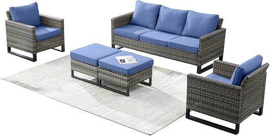 Rilyson Wicker Outdoor Patio Furniture Set - 5 Piece Patio Conversation Set with 2 Wicker Armrest Chairs,2 Rattan Ottoman and 1 Couch for Outside Porch Deck Backyard Garden(Mixed Grey/Blue)