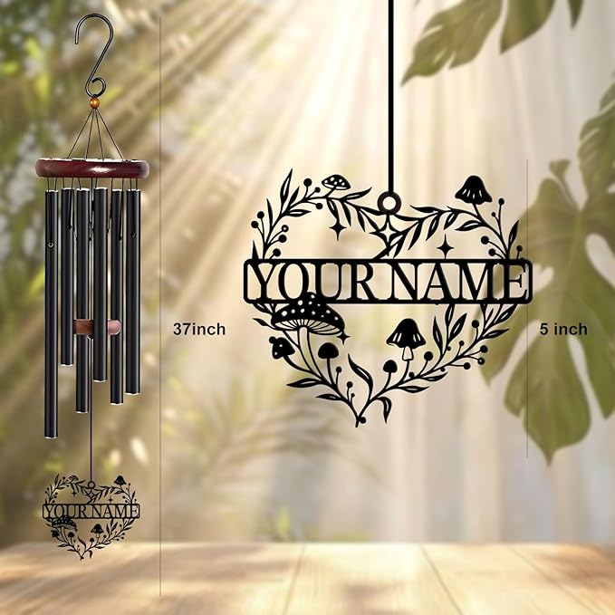 Personalized Customize Name Fantasy Mushroom Wonderland Wind Chime, Metal Iron 37 Inch Outdoor Memorial Gift for Garden Yard Patio Home Decor, Black (Style F)
