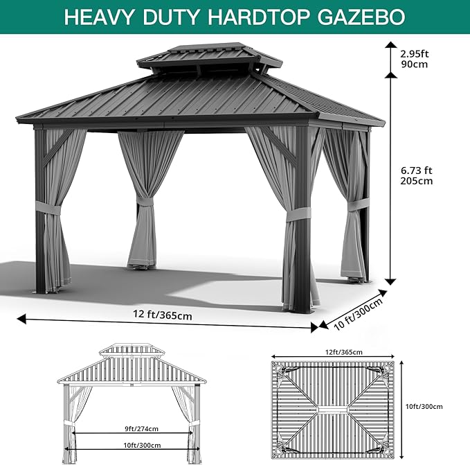 12'x10' Hardtop Gazebo, Heavy Duty Aluminum Permanent Hardtop Gazebo Outdoor Pavilion with Curtains and Netting for Garden (Gray, 12'x10')