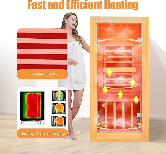Far Infrared Sauna Home Sauna Room Canadian Hemlock Indoor 1 Person Sauna 900W 110V with Red Light Bluetooth Speakers 28.35"x32.28"x61.42"