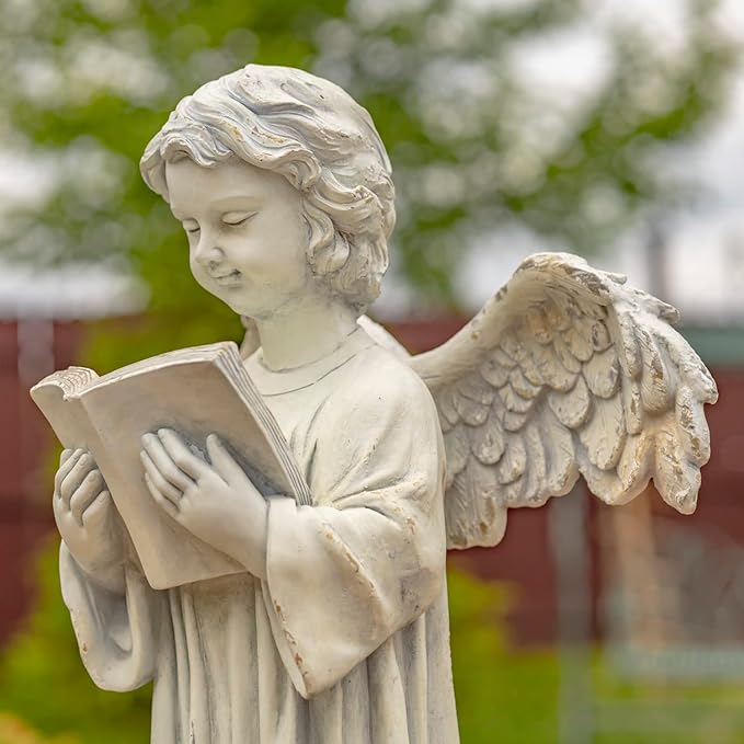 Zaer Ltd. 39" Tall Magnesium Angel Statue Figurines for Outdoor and Indoor Use (Reading a Book Symone, Antique White)