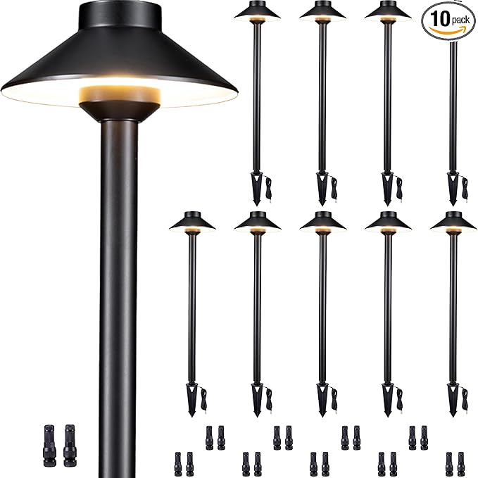 Gardenreet Solid Brass Landscape Path Lights - 12V Black Low Voltage Pathway Light IP65 Waterproof, Outdoor Walkway Fixture Hardwired, Hat-top for Patio Lawn G4 Bulb Not Included (10 Pack)