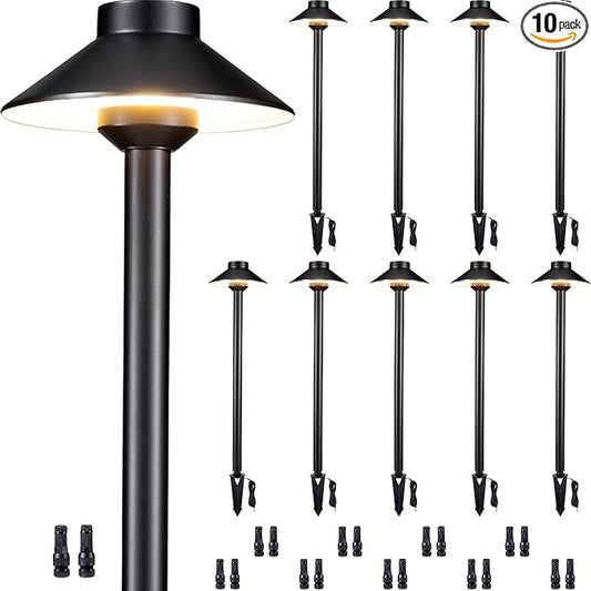 Gardenreet Solid Brass Landscape Path Lights - 12V Black Low Voltage Pathway Light IP65 Waterproof, Outdoor Walkway Fixture Hardwired, Hat-top for Patio Lawn G4 Bulb Not Included (10 Pack)