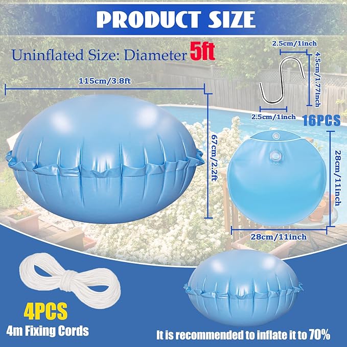 5Ft Pool Pillows with 16PCS Pool Cover Weights, Winter PVC Pool Pillows for Above Ground Pools with Pool Cover Weights for Support & Fix Swimmingpool Covers (5Ft +16PCS)