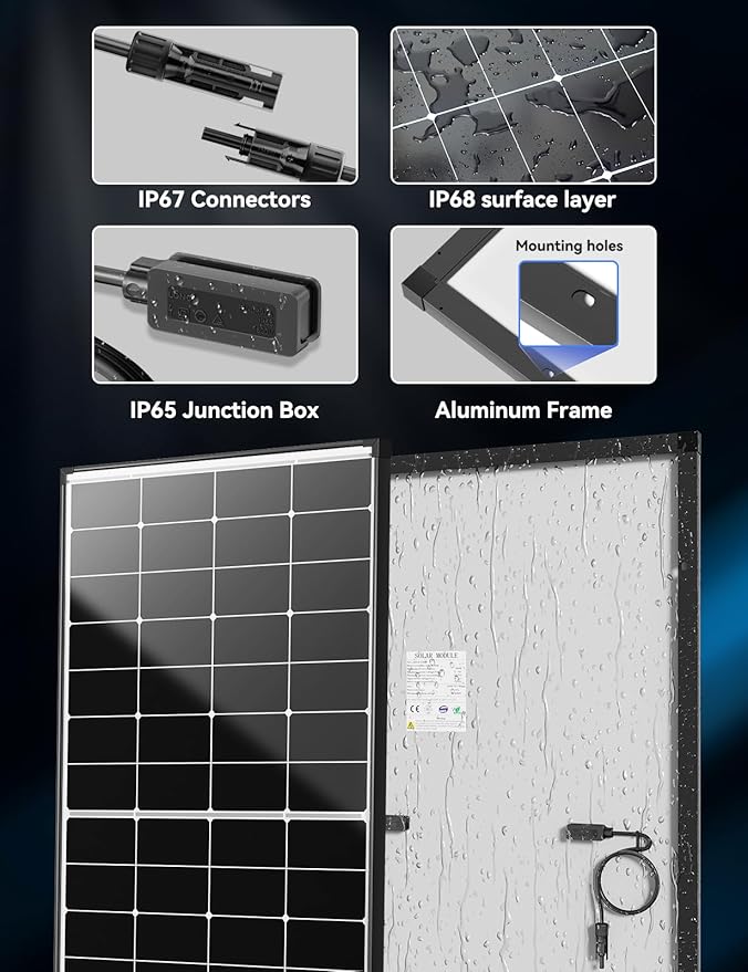 220W Solar Panel, 25.4% High Efficiency Monocrystalline with 10BB & Hidden Busbar Tech, MC4 Connectors, IP68 Waterproof for 12V/24V Off-Grid Systems, RV, Boat, Cabin, Backup Power
