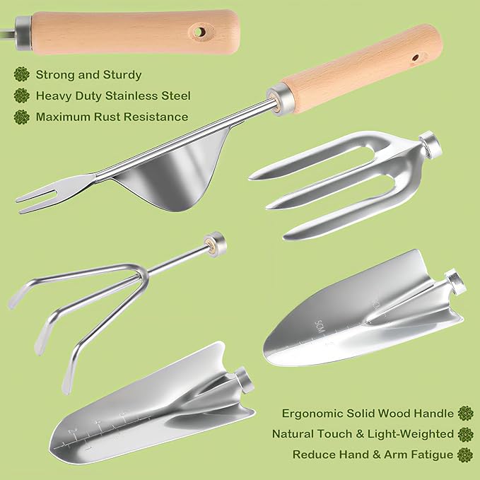 Heavy Duty Gardening Tools, 9 Pieces Garden Tool Set, Stainless Steel Rust Proof Non-Slip Garden Hand Tools with Fashion and Durable Storage Bag, Ideal Gardening Gifts for Women Men Mom