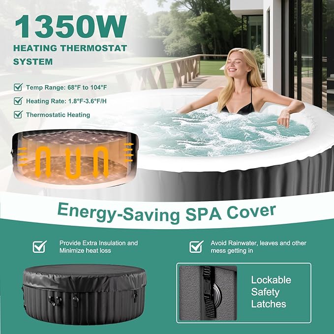DoCred 4-6 Person Inflatable Hot Tub, 82" X 82" X 25" Round Blow up Portable Hot tub with 130 Bubble Jets, Large Outdoor Spa Bathtub Set Included Heater Pump, Insulated Cover and Filter