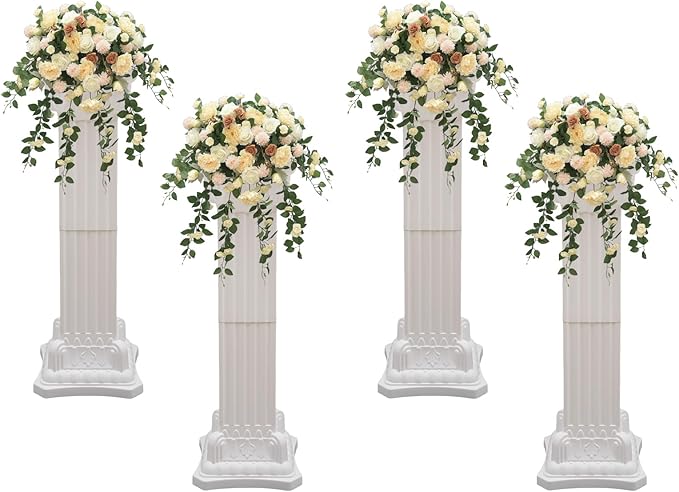 Roman Column Pedestal, Plastic White Columns for Weddings Indoor/Outdoor Roman Pillar Stand for Table Sculptures, Vase, Garden Decor (4PCS, 11.8 x 35.4 Ihch Square)