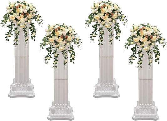 Roman Column Pedestal, Plastic White Columns for Weddings Indoor/Outdoor Roman Pillar Stand for Table Sculptures, Vase, Garden Decor (4PCS, 11.8 x 35.4 Ihch Square)