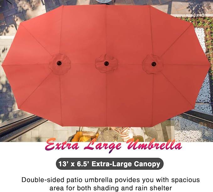 PHI VILLA Patio Dining Set 8 PCS with 13ft Double-Sided Patio Umbrella(Orange Red)，Metal Outdoor Dining Set - 6 x Outdoor Stackable Chairs, 1 x 60"x38"Rectangle Dining Table and 1 Umbrella