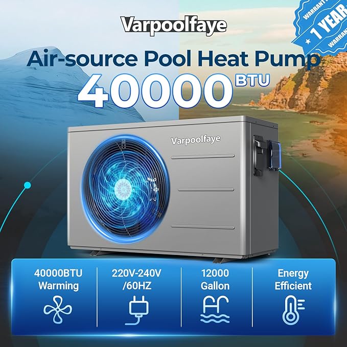 40000 BTU Swimming Pool Heat Pump, 12,000 Gallon Electric Pool Heater Above and Inground Pool,WiFi App Control, Heating or Cooling Pool Heater 220V/60Hz