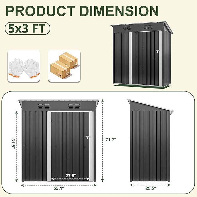 5x3 FT Outdoor Storage Shed, Garden Shed with Updated Frame Structure and Lockable Doors, Metal Tool Sheds for Backyard Garden Patio Lawn, Grey