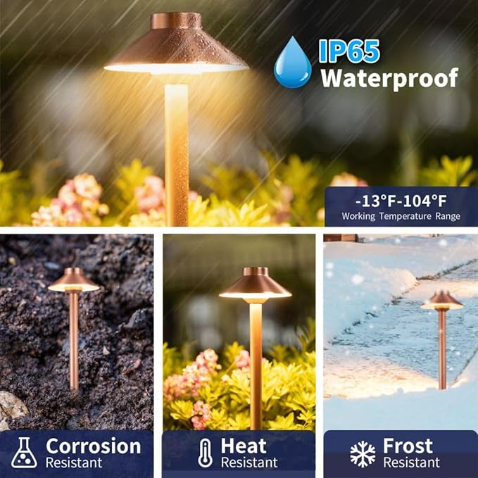 Gardenreet Brass Copper Low Voltage Pathway Lights, Waterproof Landscape Outdoor Path Light, 12V LED Bronze Hat Top Driveway Lamp for Garden Yard House with 3W 270LM 4000K G4 Bulb 6 Pack