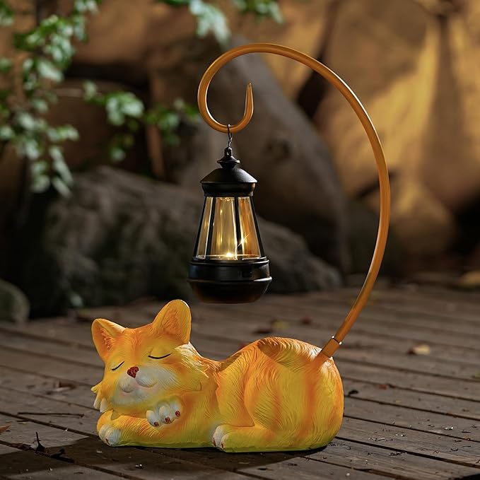 Outdoor Cat Figurine Garden Statue with Solar-Powered LED Light 13.77 Inches Tall Gift Garden Statue Decor for Cat Lovers Yellow