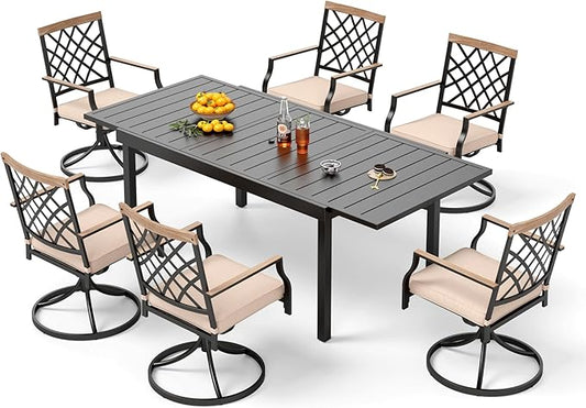 PHI VILLA 7 Piece Outdoor Furniture Dining Set, All-Weather Metal Steel Conversation Set Includes 6 Chairs and 1 Extendable Dining Table for Patio Garden Deck