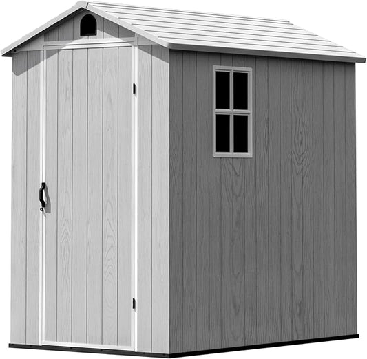 Greesum 4x6FT Plastic Outdoor Storage Shed with Floor, Resin Storaged Sheds with Lockable Door, Window & Vent, All-Weather Tool House for Garden, Backyard, Patio, Light Gray (One-Piece Panel)