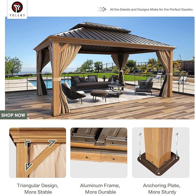 YOLENY 12' x 16' Hardtop Gazebo, Wood-Looking Gazebo with Galvanized Steel Double Roof, Aluminum Frame with Netting and Curtains for Deck, Backyard, Patio and Lawns