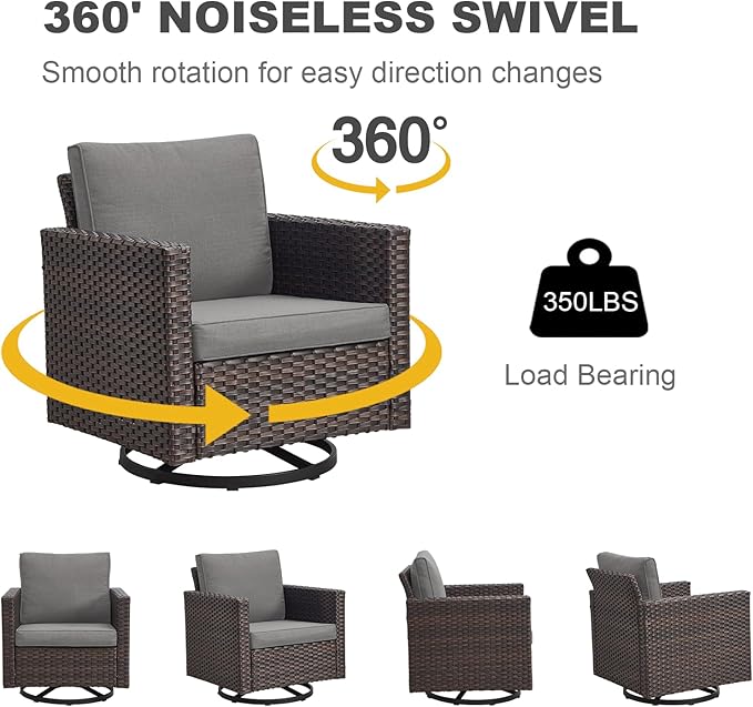 Outdoor Swivel Rocker Chairs, Patio Swivel Chair Set, Two Swivel Patio Wicker Chairs with One Side Table, Brown/Grey