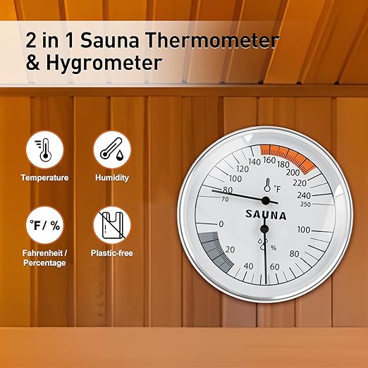 Sauna Thermometer Fahrenheit and Hygrometer 2-in-1 - Precise Indoor Humidity Temperature Monitor Gauge Sauna Accessories, Mechanical Metal Hygrothermograph Meter for Bathroom Steam Infrared Sauna Room