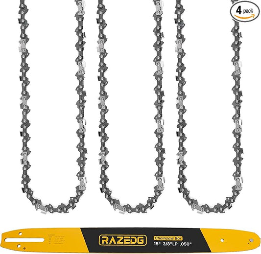 18 Inch Chainsaw Bar and Chain Combo, 3/8" LP Pitch, 050" Gauge, 62 Drive Links Fits Echo Ego Poulan Greenworks Kobalt Husqvarna Ryobi and More (1 Bar + 3 Chains)
