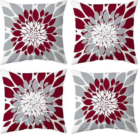 Qahing Pack of 4 Outdoor Waterproof Pillow Covers 18x18 Decorative Outdoor Throw Pillows Garden Square Cushion Cases for Patio Furniture, Couch, Tent Sunbrella, Bench, Burgundy Red Grey