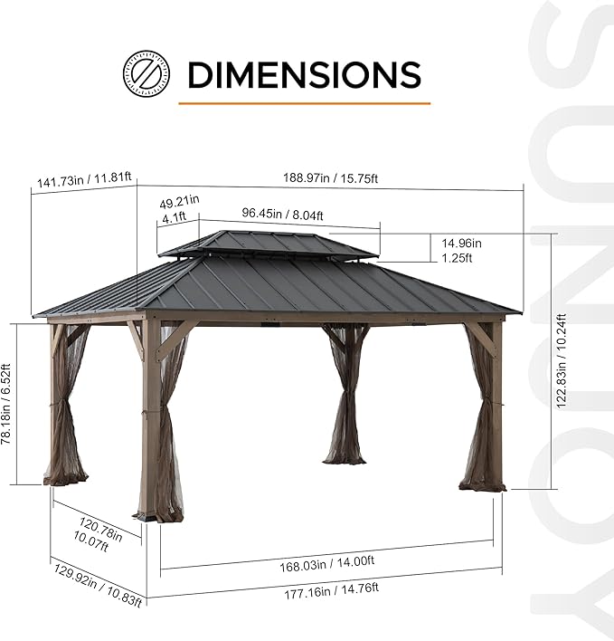 SUNJOY 12x16 Hardtop Wood Gazebo with Galvanized Steel Roof and Mosquito Netting, Outdoor Permanent Pavilion Cedar Gazebo for Backyard, Garden, Patio, Deck, Lawn