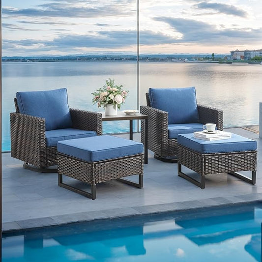 Rilyson Wicker Outdoor Patio Furniture Set - 5 Piece Patio Conversation Set with 2 Swivel Rocker Chairs,2 Rattan Ottoman and 1 Metal Side Table for Outside Porch Deck Backyard Garden(Brown/Blue)