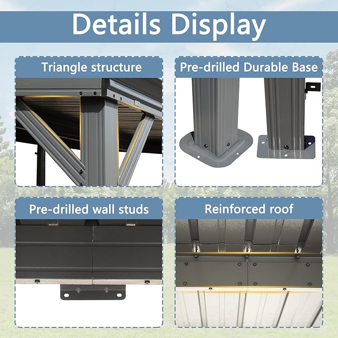 Domi 12’x20’ Wall-Mounted Hardtop Gazebo Pergola – Permanent Lean-to Outdoor Shelter with Sloped Galvanized Steel Roof & Upgraded Drainage – Gray Metal Patio Cover for Backyard, Deck, Garden