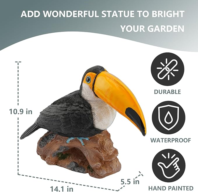 Elenon Toucan on Stump Garden Statue Decorative, Adorable Flower Bed 11 inch High Lifelike Bird Animal Outdoor Decor, Funny Yard Patio Art Sculptures Table Ornament, Yellow Mouth