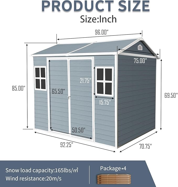 8x6 ft Resin Outdoor Storage Shed with Two-Window and Double-Door, Plastic Shed with Floor for Gargen, Patio, Yard, Lawn, Grey (1 Doors) (Grey, 8x6 ft)