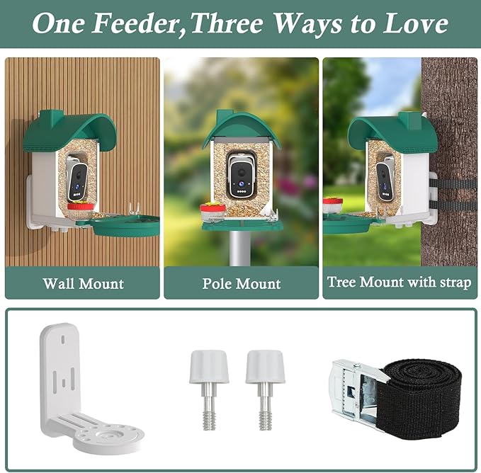Bird Feeder with Camera, 2-in-1 Bird Bath and Perch, 3K Live View, Squirrel-Proof Cable, 2.4G WiFi, AI Detection, Instant Arrival Alerts, Backyard Birdwatching Gift for Birdlovers