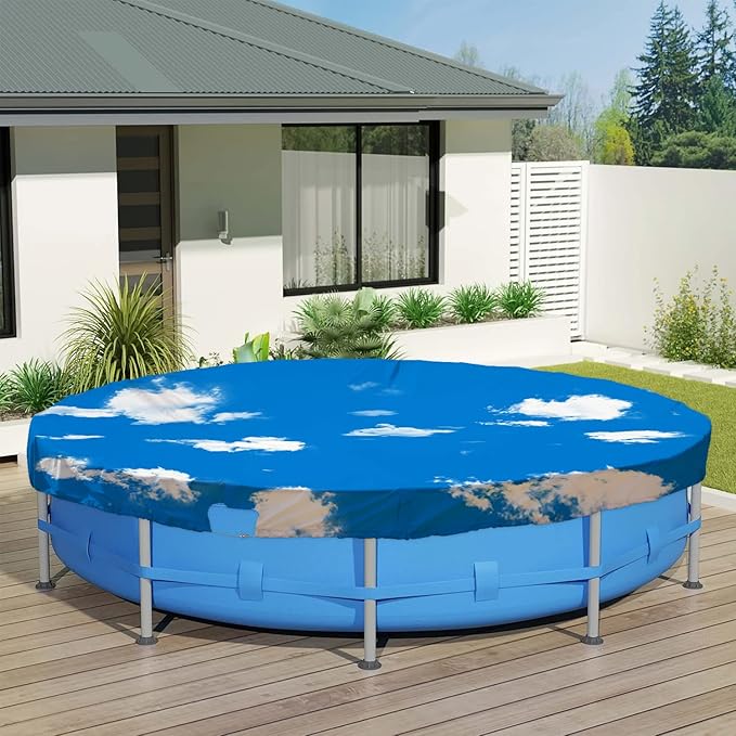 ECOOPTS 11 ft Waterproof Round Polyester Pool Cover for Above Ground Pools, Swimming Pool Cover Protector Winter Safety Cover (Blue Sky)