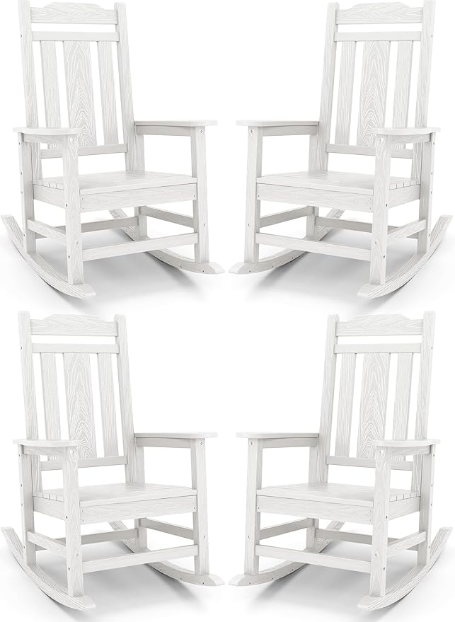 SERWALL Outdoor Rocking Chair White Set of 4, All Weather Patio Rocking Chair, HDPE Poly Rocking Chair for Adults, Heavy Duty Front Porch Rocker